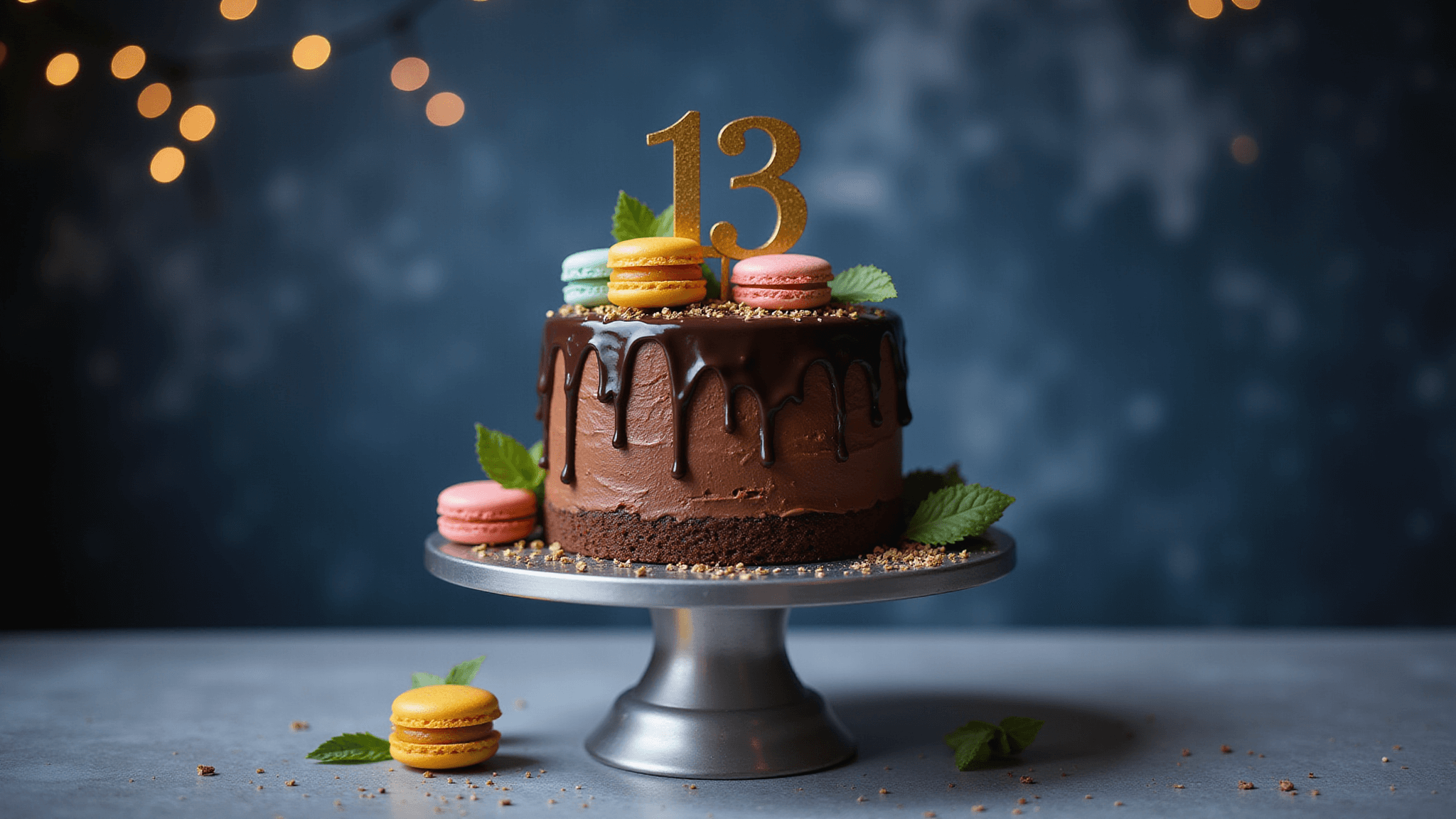 A luxurious two-tiered chocolate cake displayed on a silver pedestal, adorned with a gold "13" topper, rainbow macarons, and gold sprinkles, set against a moody marbled navy blue backdrop and soft fairy lights, captured in high-detail professional food photography.
