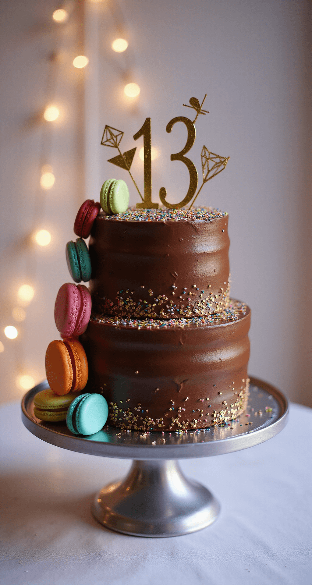 The Perfect 13th Birthday Cake: A Teenager's Dream Dessert A two-tiered chocolate cake with glossy buttercream frosting, gold accents, a '13' topper, and rainbow macarons, set on a silver stand with fairy lights in a soft-focus background.