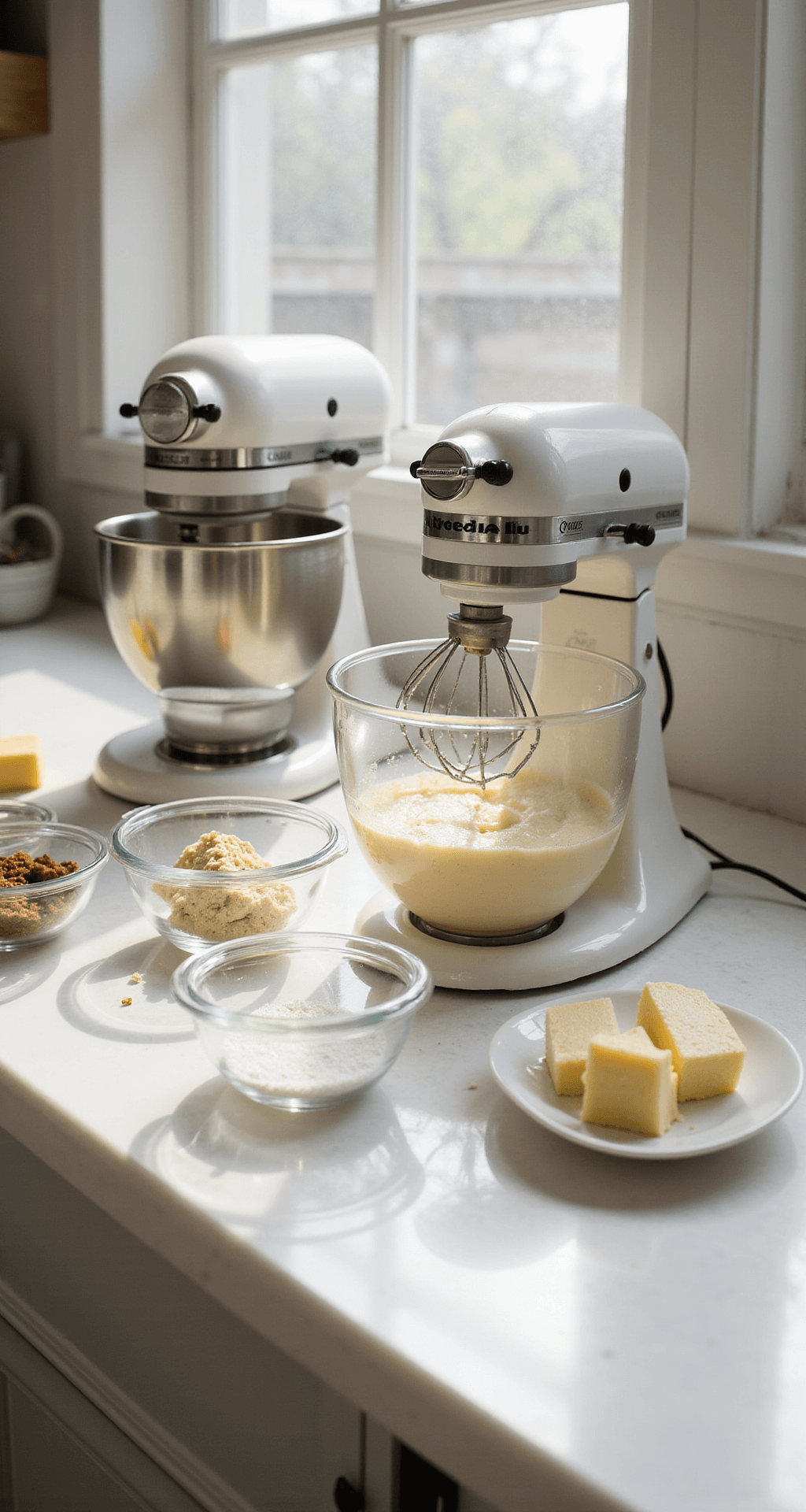 Luxurious White and Gold Wedding Cake: A Masterpiece of Elegance A sunlit professional kitchen with a white marble countertop, featuring a stand mixer creaming butter and sugar, with glass bowls of measured ingredients around, illuminated by morning light.