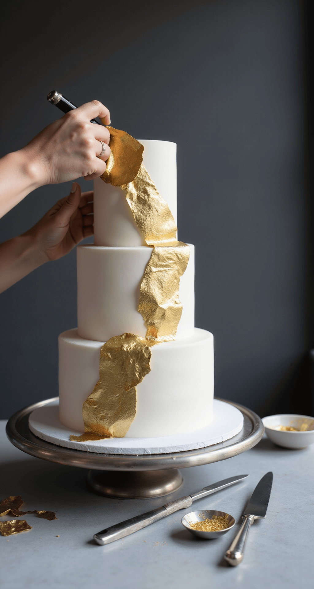 Luxurious White and Gold Wedding Cake: A Masterpiece of Elegance Close-up of skilled hands applying gold leaf to a multi-tiered white wedding cake on a silver turntable, set against a dark grey background with soft lighting highlighting the gold accents and surrounding decorating tools.