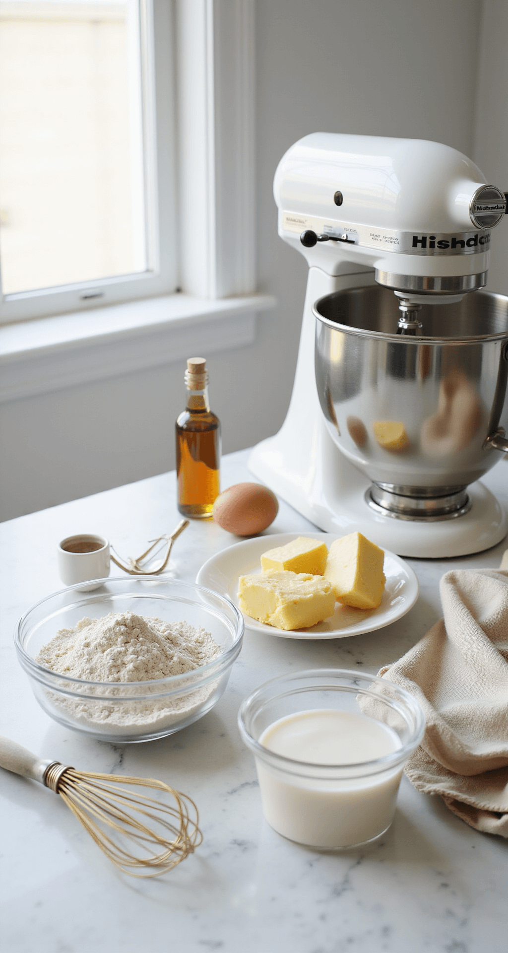 50th Birthday Cake for Women: A Spectacular Celebration Dessert An atmospheric shot of a white marble countertop with elegantly arranged baking ingredients, including glass bowls of flour, room temperature butter, and eggs, with a stand mixer in soft focus, a vintage measuring cup of milk, a brass whisk, and a bottle of vanilla extract.