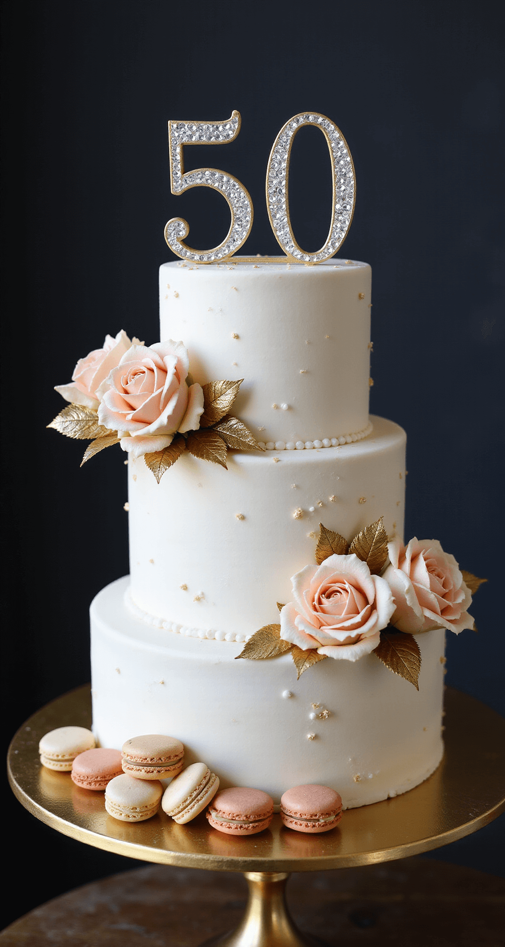50th Birthday Cake for Women: A Spectacular Celebration Dessert Close-up of a luxurious three-tiered 50th birthday cake on a gold stand, adorned with pearl-white buttercream, gold leaf accents, and blush pink roses, featuring a sparkling '50' topper and elegant macarons.