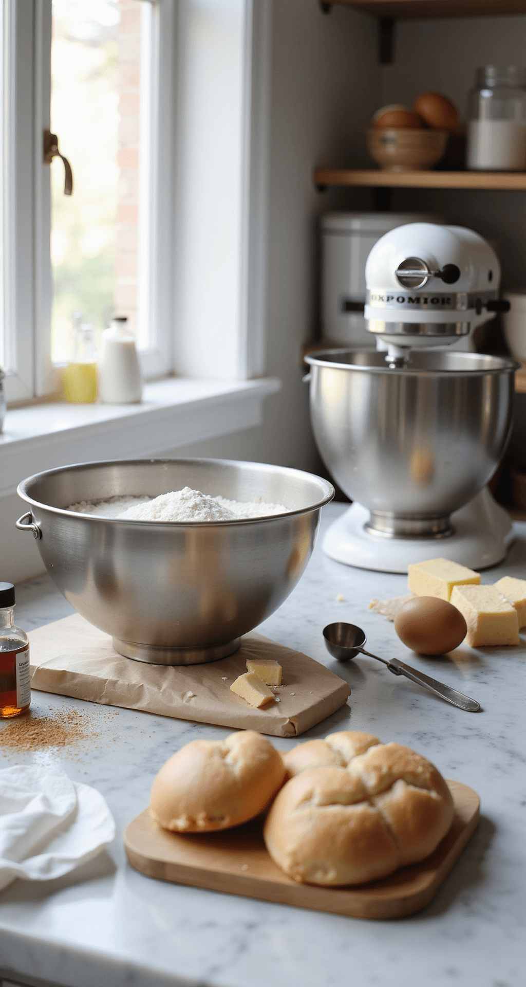 18th Birthday Celebration Cake: The Ultimate Showstopper Close-up of a baking workspace with stainless steel mixing bowls of flour, sugar, and butter, arranged eggs, vanilla extract, measuring tools, a stand mixer, and parchment-lined cake pans, all illuminated by natural light.
