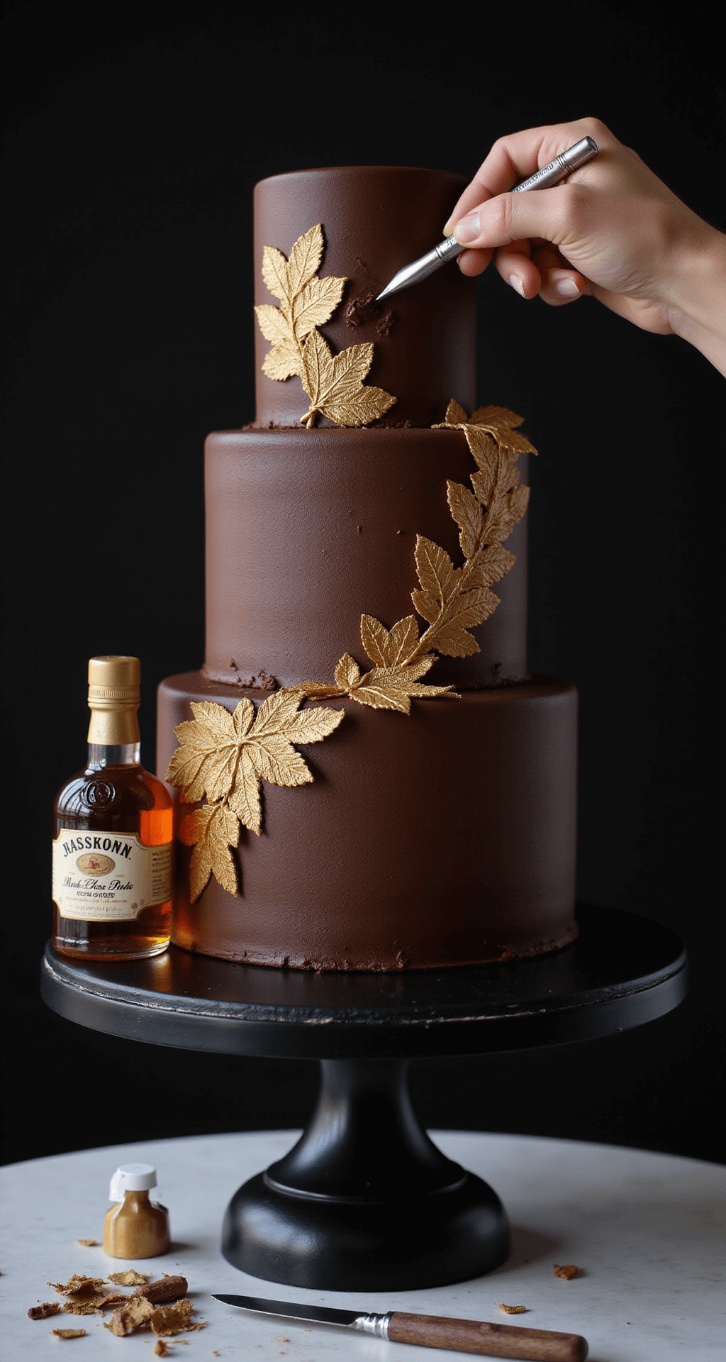 Ultimate Men's Birthday Cake: A Showstopping Celebration Centerpiece Close-up of a three-tiered chocolate cake on a black rotating stand, featuring golden leaf accents applied with tweezers and a fondant whiskey bottle topper. Dramatic lighting emphasizes the cake's sharp edges and smooth finish, with professional piping tools and edible metallic paint artistically arranged in the foreground.