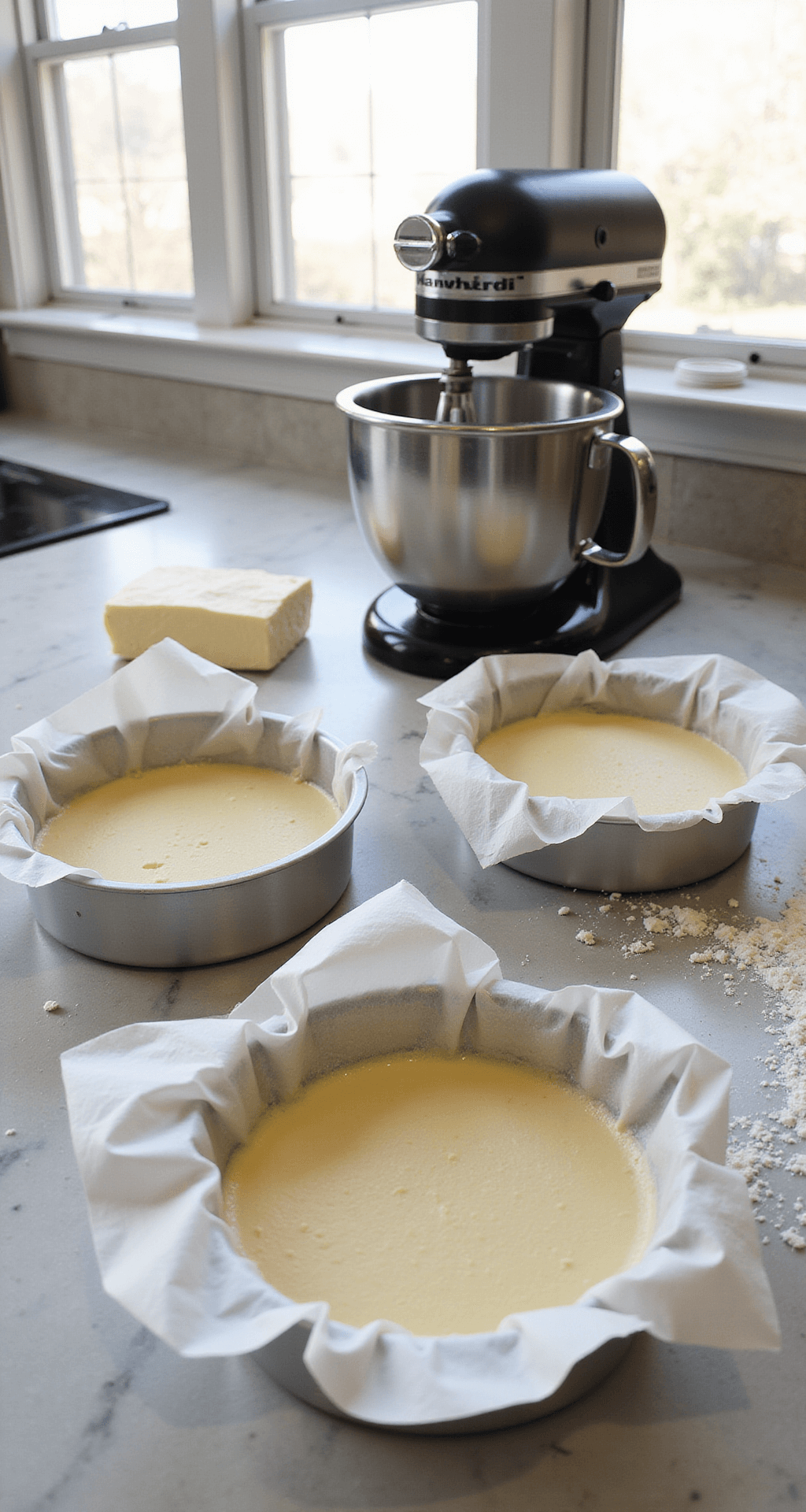 🎂 20th Birthday Milestone Cake: A Trendsetting Celebration Centerpiece A well-organized professional kitchen baking station featuring a stainless steel stand mixer, measured ingredients in glass bowls, two lined 9-inch cake pans, and soft butter on a marble countertop dusted with flour, illuminated by natural light.
