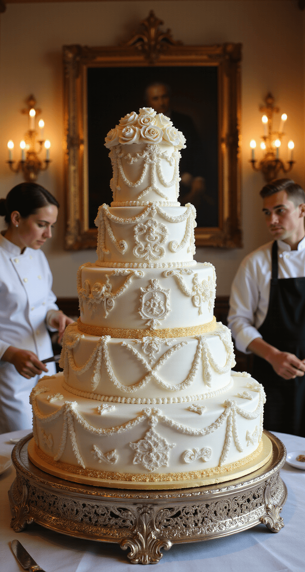ROYAL WEDDING CAKE: A REGAL CULINARY MASTERPIECE A grand kitchen at golden hour showcases a multi-tiered wedding cake on a silver stand, adorned with sugar flowers, royal icing, and gold leaf, as decorators in white uniforms add intricate details.