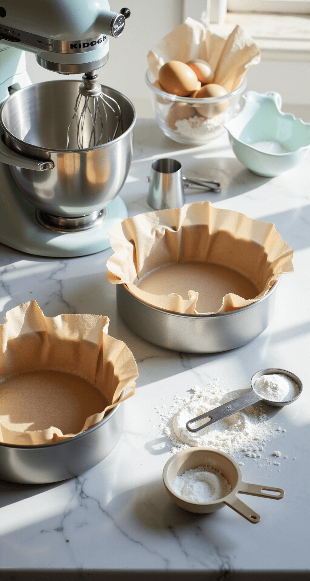 20th Birthday Cake: The Ultimate Celebration Centerpiece Close-up of a marble countertop with precisely measured baking ingredients, including flour, sugar, and eggs, alongside two lined cake pans and professional baking tools, bathed in natural light.