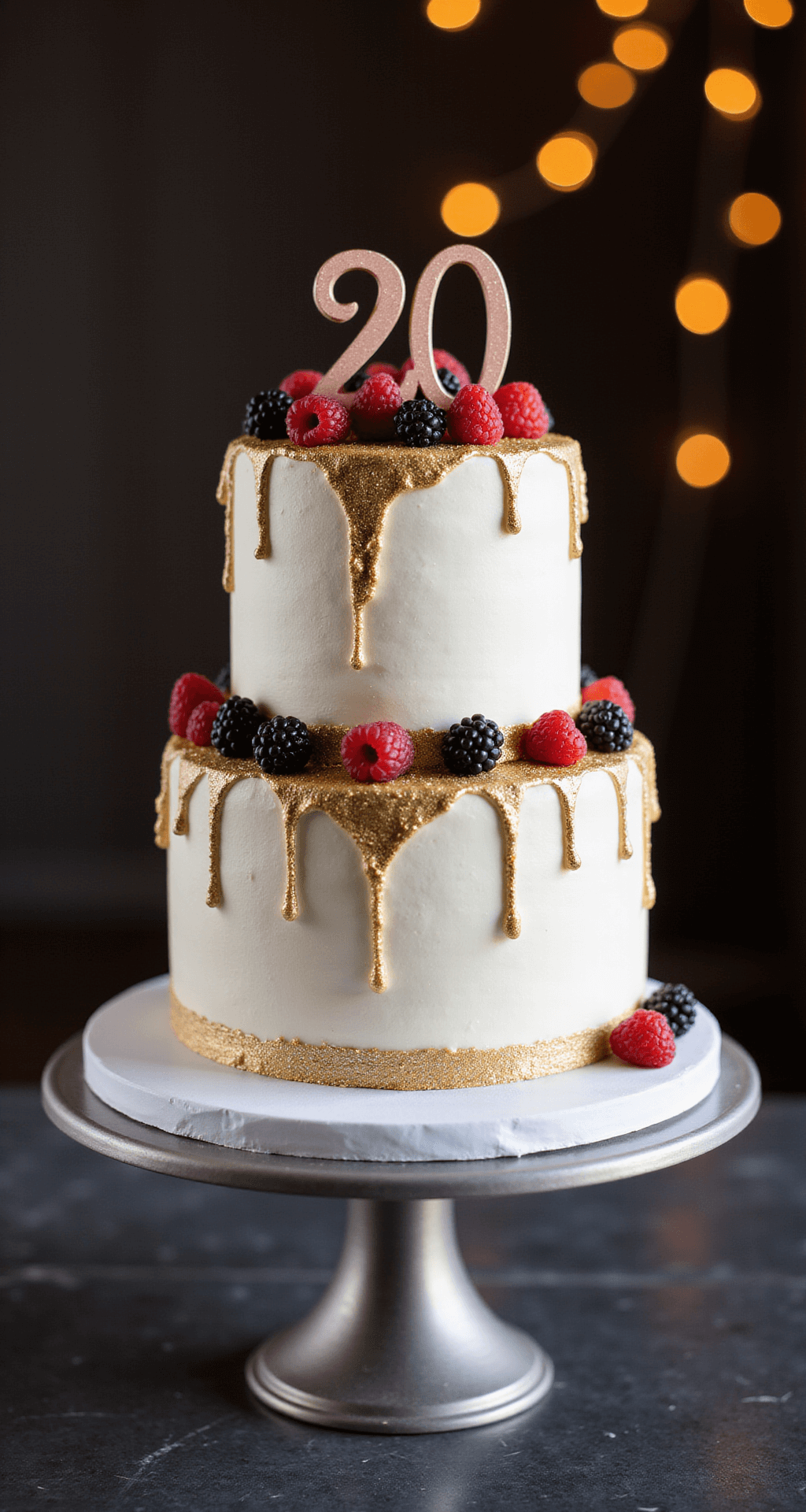 20th Birthday Cake: The Ultimate Celebration Centerpiece A two-tiered 20th birthday cake on a silver stand, adorned with white buttercream frosting, metallic gold accents, fresh berries, and a rose gold '20' topper, illuminated by soft lighting with a blurred warm bokeh background.