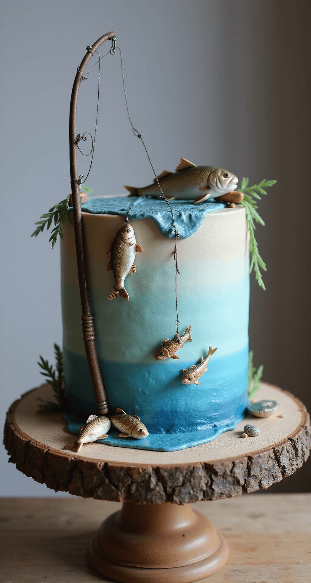 Birthday Cake Ideas for Men: The Ultimate Guide to Creating Memorable Masculine Celebrations A beautifully crafted fishing-themed cake on a rustic wooden stand, featuring a fondant fishing rod, blue mirror glaze 'water', and jumping fondant fish, illuminated by soft directional lighting.