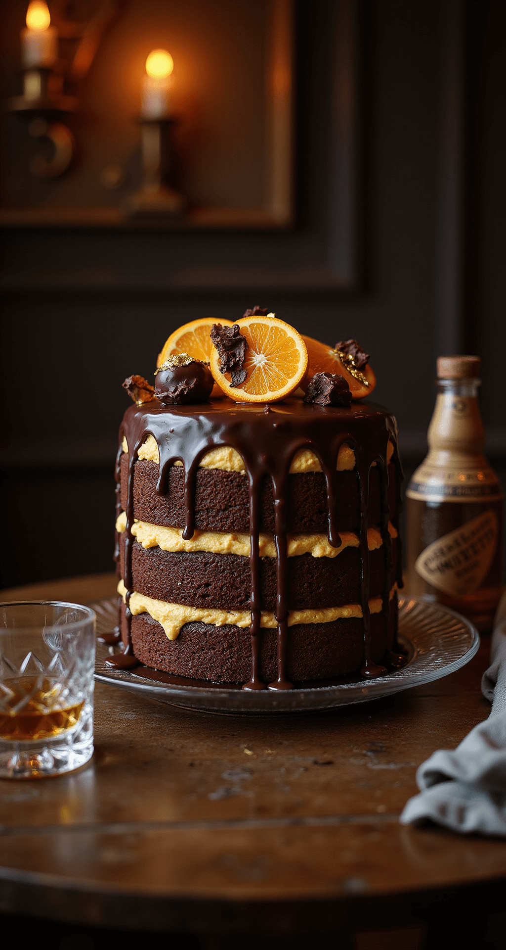 Birthday Cake Ideas for Men: The Ultimate Guide to Creating Memorable Masculine Celebrations Close-up of a luxurious three-tiered chocolate cake with dark ganache and whiskey-infused buttercream in a dimly lit speakeasy, garnished with chocolate-dipped orange slices and edible gold leaf, beside a crystal whiskey glass and vintage bottle, all in warm amber lighting.