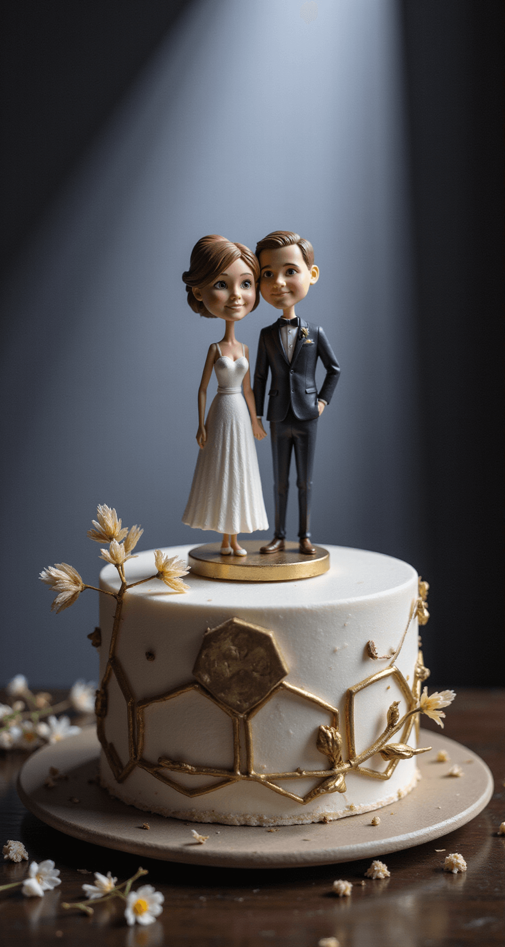 WEDDING CAKE TOPPER: THE ULTIMATE DECORATIVE CENTERPIECE Professional product shot of a matte finish resin wedding cake topper featuring a personalized couple likeness, set on a modern geometric cake with metallic accents and minimalist floral elements, highlighted by dramatic spotlight lighting.