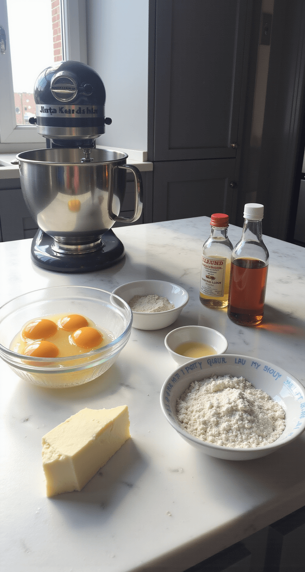 Perfect White Wedding Cake: Your Ultimate Homemade Showstopper A bright modern kitchen with a stand mixer, surrounded by neatly arranged baking ingredients including egg whites, butter, and flour, illuminated by natural light.