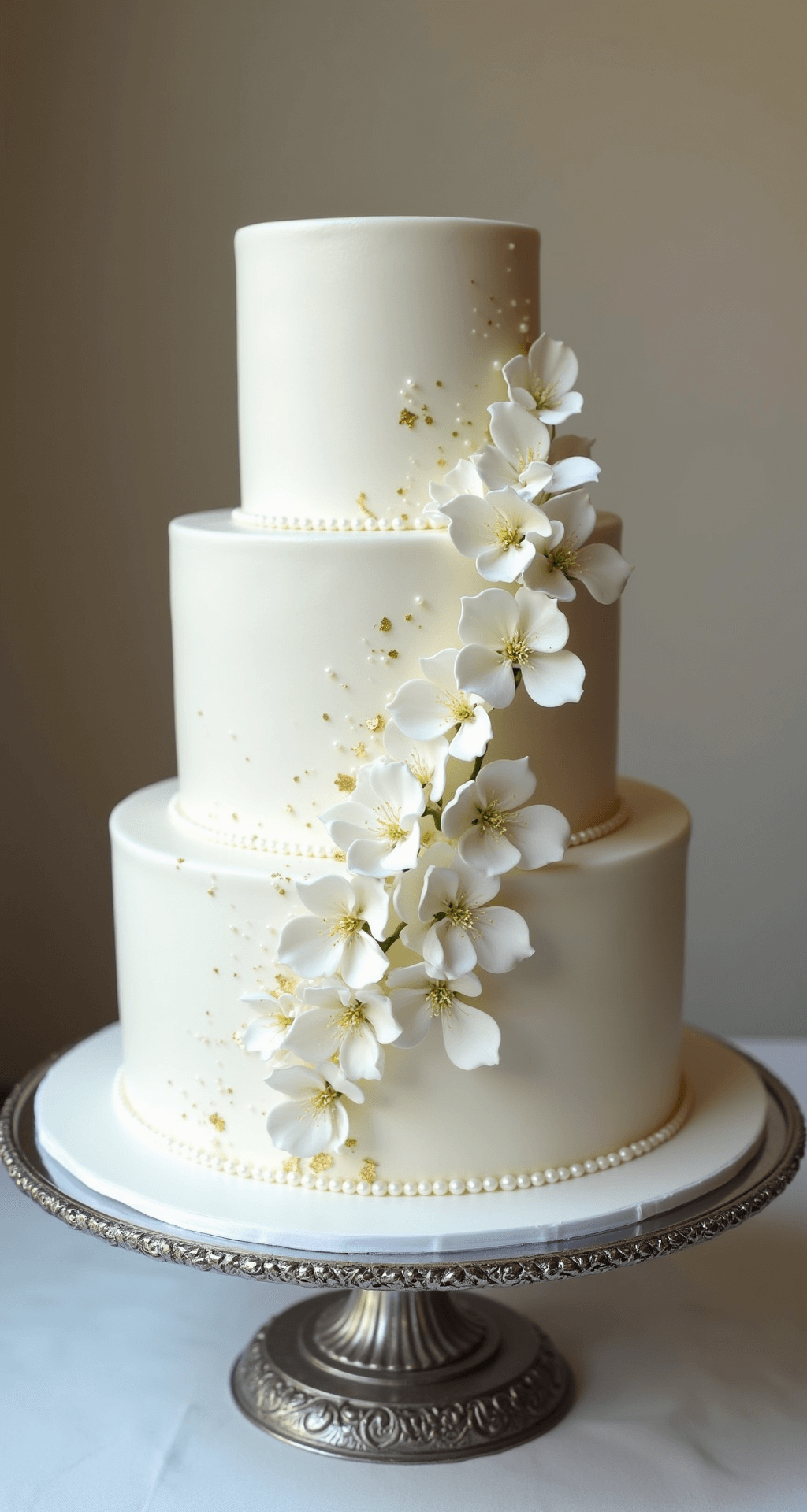 Perfect White Wedding Cake: Your Ultimate Homemade Showstopper Three-tiered white wedding cake on ornate silver stand, adorned with fresh white flowers, edible pearls, and gold leaf accents, set against a soft-focus neutral background.