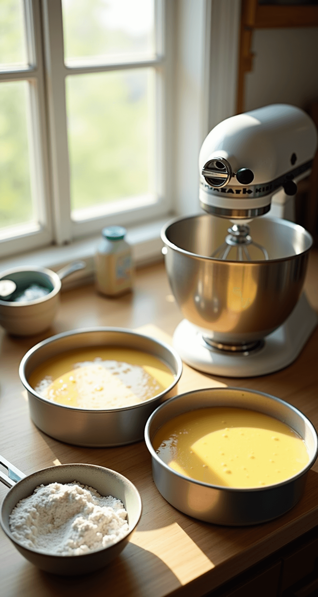 🎂 22nd Birthday Cake: The Ultimate Celebration Centerpiece A sunlit kitchen countertop featuring two 9-inch round cake pans filled with golden vanilla batter, accompanied by a stand mixer, measuring cups, and a bowl of sifted flour, creating an inviting baking atmosphere.