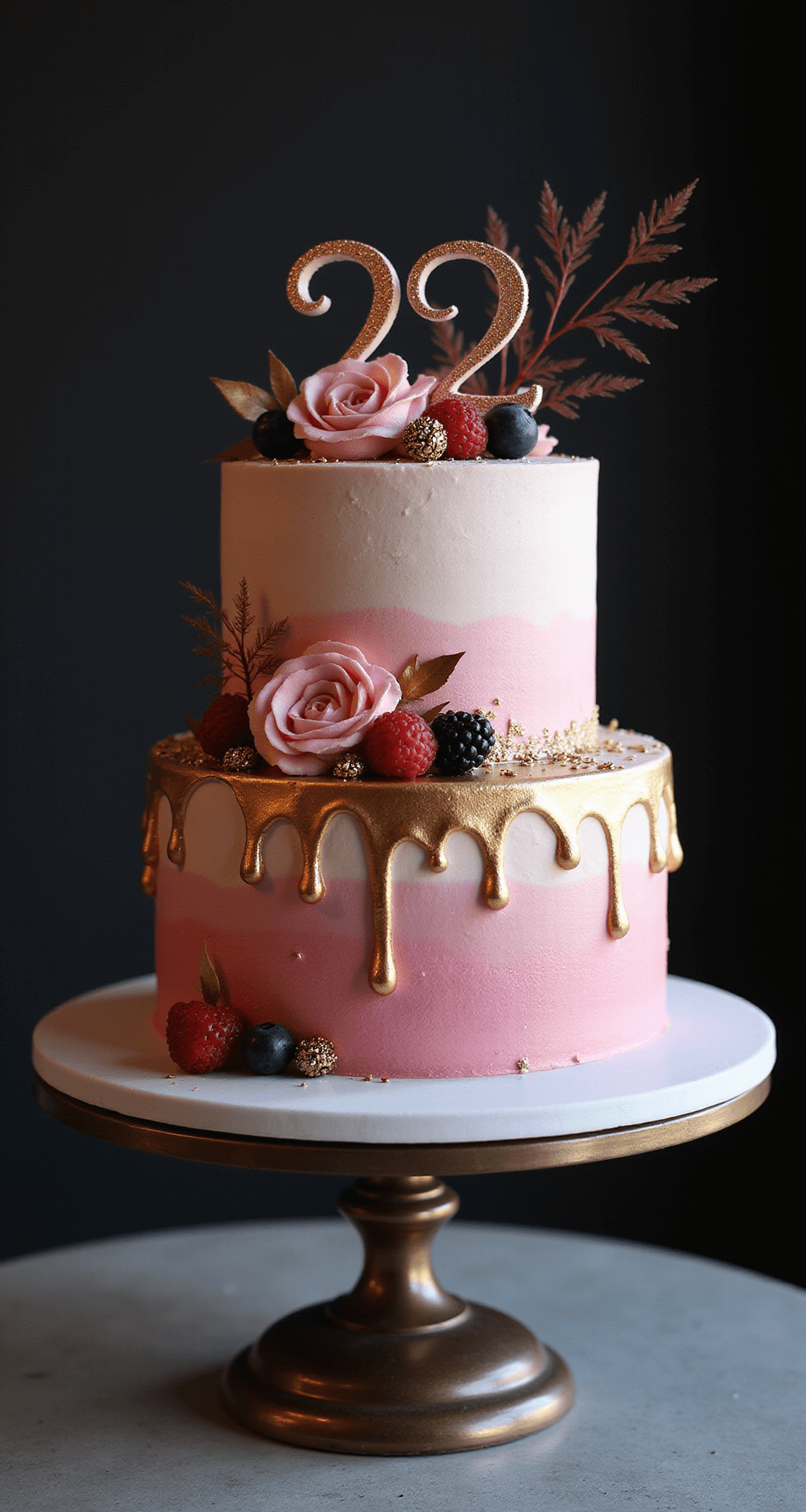 🎂 22nd Birthday Cake: The Ultimate Celebration Centerpiece A two-tiered pink ombré birthday cake with gold drip, fresh berries, and a rose gold '22' topper, displayed on an elegant stand against a dark background.