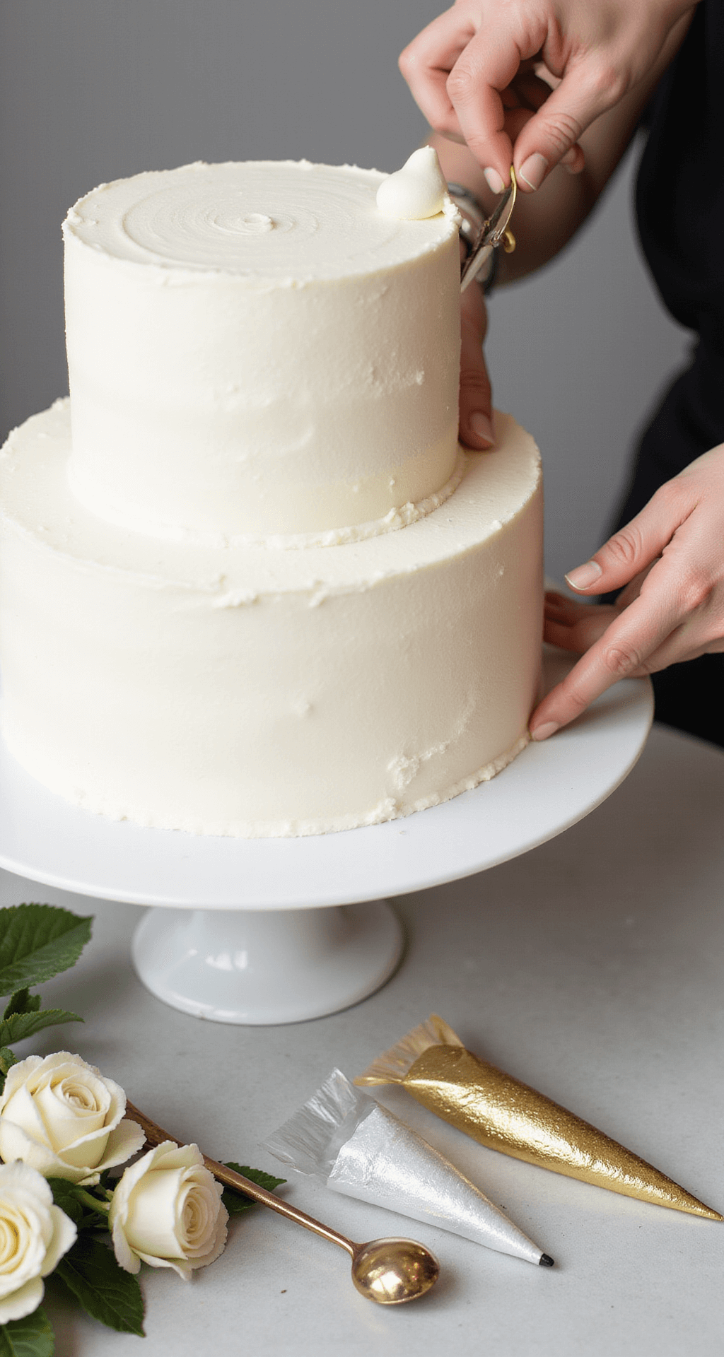 Two-Tier Wedding Cake: The Ultimate DIY Guide for Stunning Nuptial Desserts Close-up of hands decorating a two-tier wedding cake with smooth white buttercream, showcasing the decorated bottom tier and visible dowel supports, surrounded by piping bags, fresh flowers, and metallic accents under soft studio lighting.