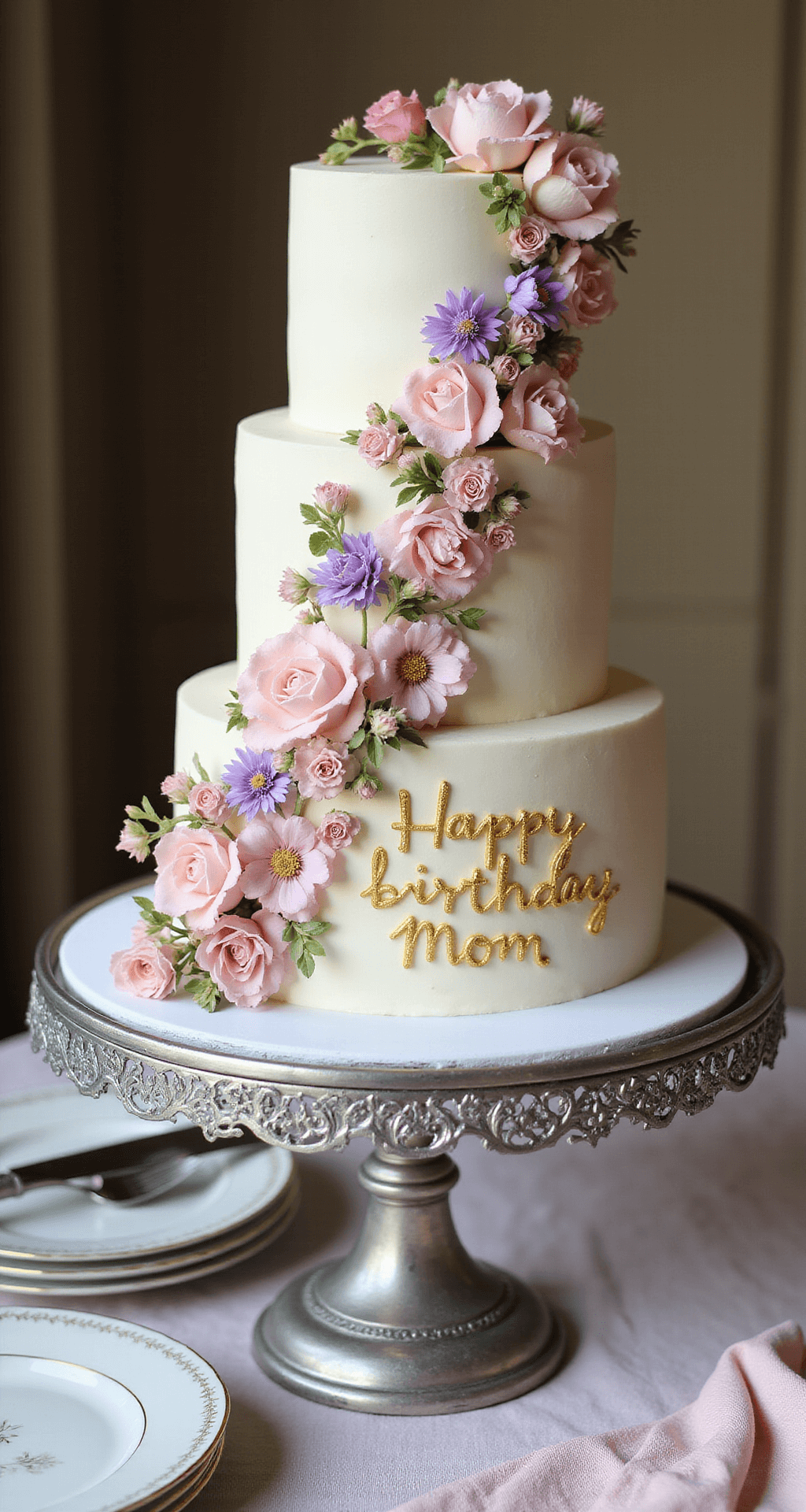 HAPPY BIRTHDAY MOM CAKE A three-tiered birthday cake with pearl-white buttercream frosting, adorned with pink and purple edible flowers, is displayed on a silver cake stand, featuring gold-lettered 'Happy Birthday Mom' text. The scene is illuminated by warm afternoon light, with a crystal cake server and fine china plates nearby.