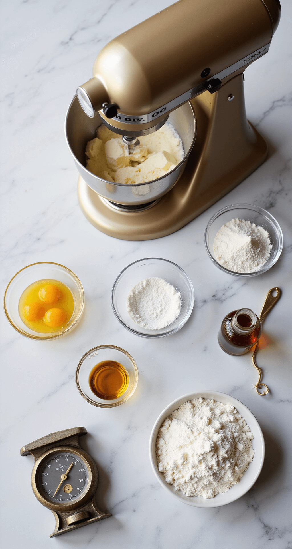 50th Birthday Cake: A Showstopping Celebration Masterpiece Cinematic overhead shot of a marble countertop featuring a gold stand mixer creaming butter and sugar, surrounded by glass bowls of eggs, flour, and vanilla extract, with vintage measuring tools.