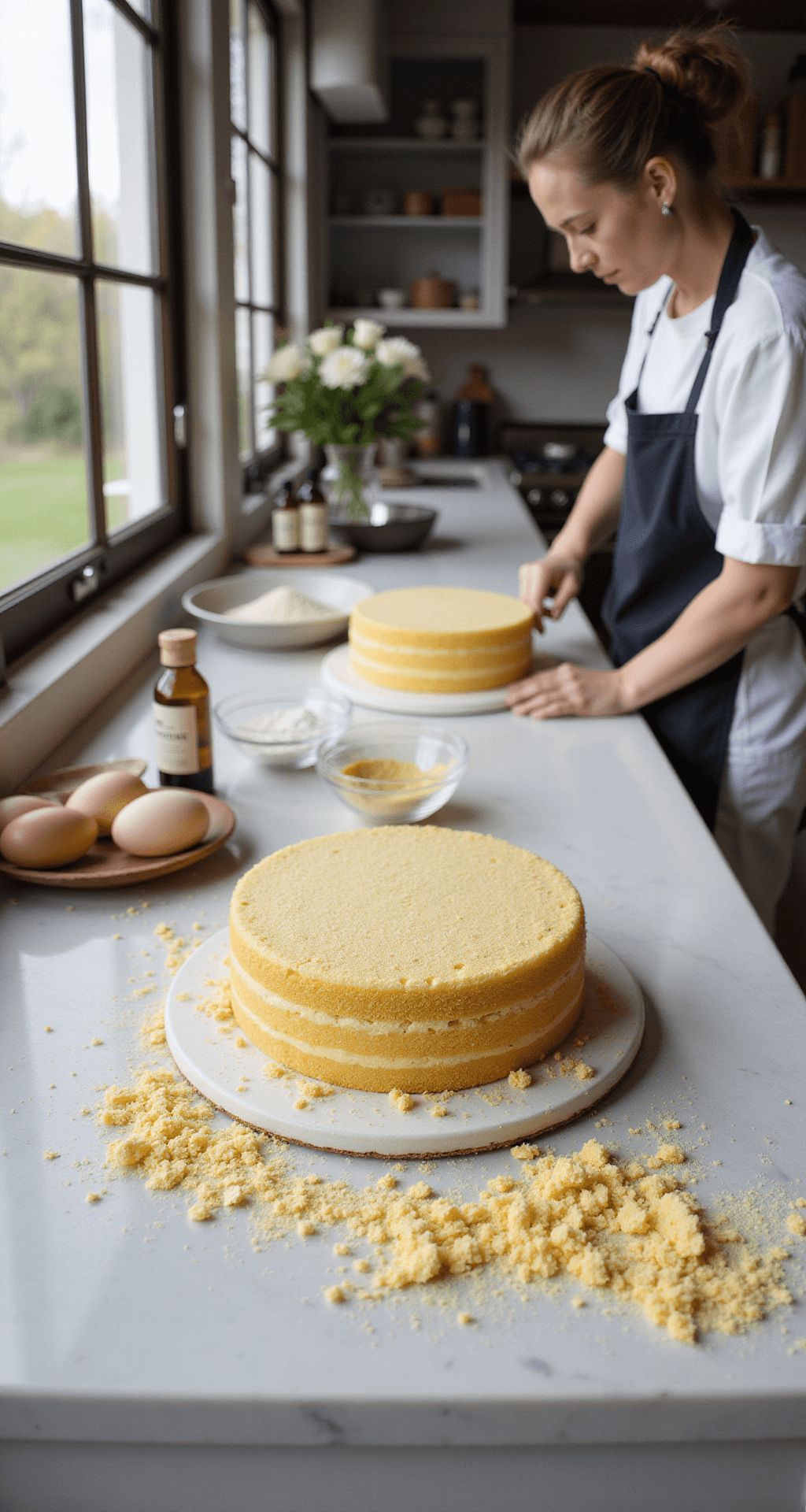 SEMI NAKED WEDDING CAKE: A RUSTIC ELEGANCE FOR YOUR SPECIAL DAY A skilled baker levels three golden cake layers in a sunlit bakery kitchen with marble countertops, surrounded by fresh ingredients like eggs, vanilla extract, and sifted flour in glass bowls.