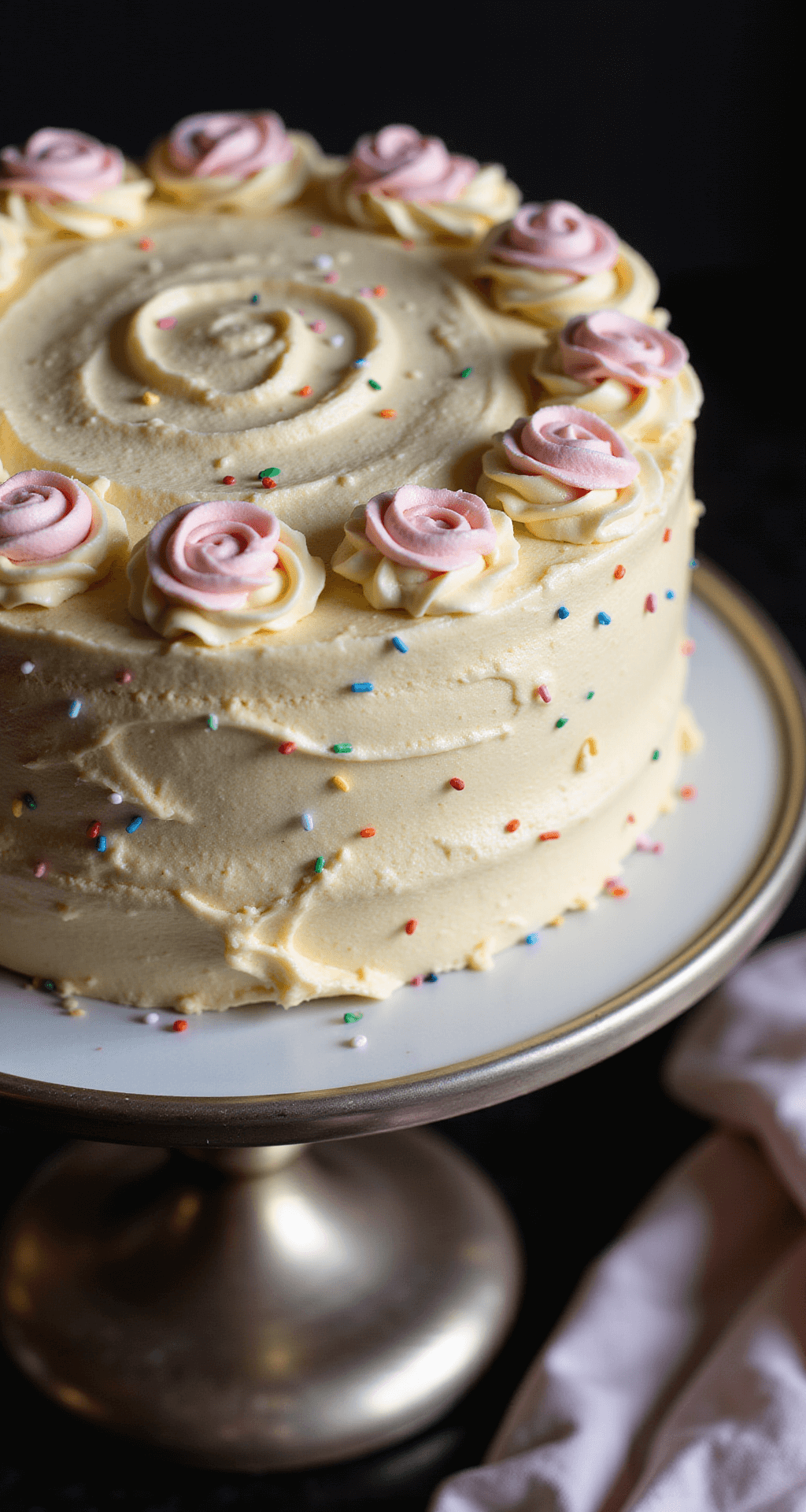 HAPPY BIRTHDAY CAKE: CLASSIC CELEBRATION CENTERPIECE Professional overhead shot of a two-layer birthday cake on a silver stand, adorned with pastel buttercream swirls, piped rosettes, and sparkling rainbow sprinkles, all set in warm ambient lighting.