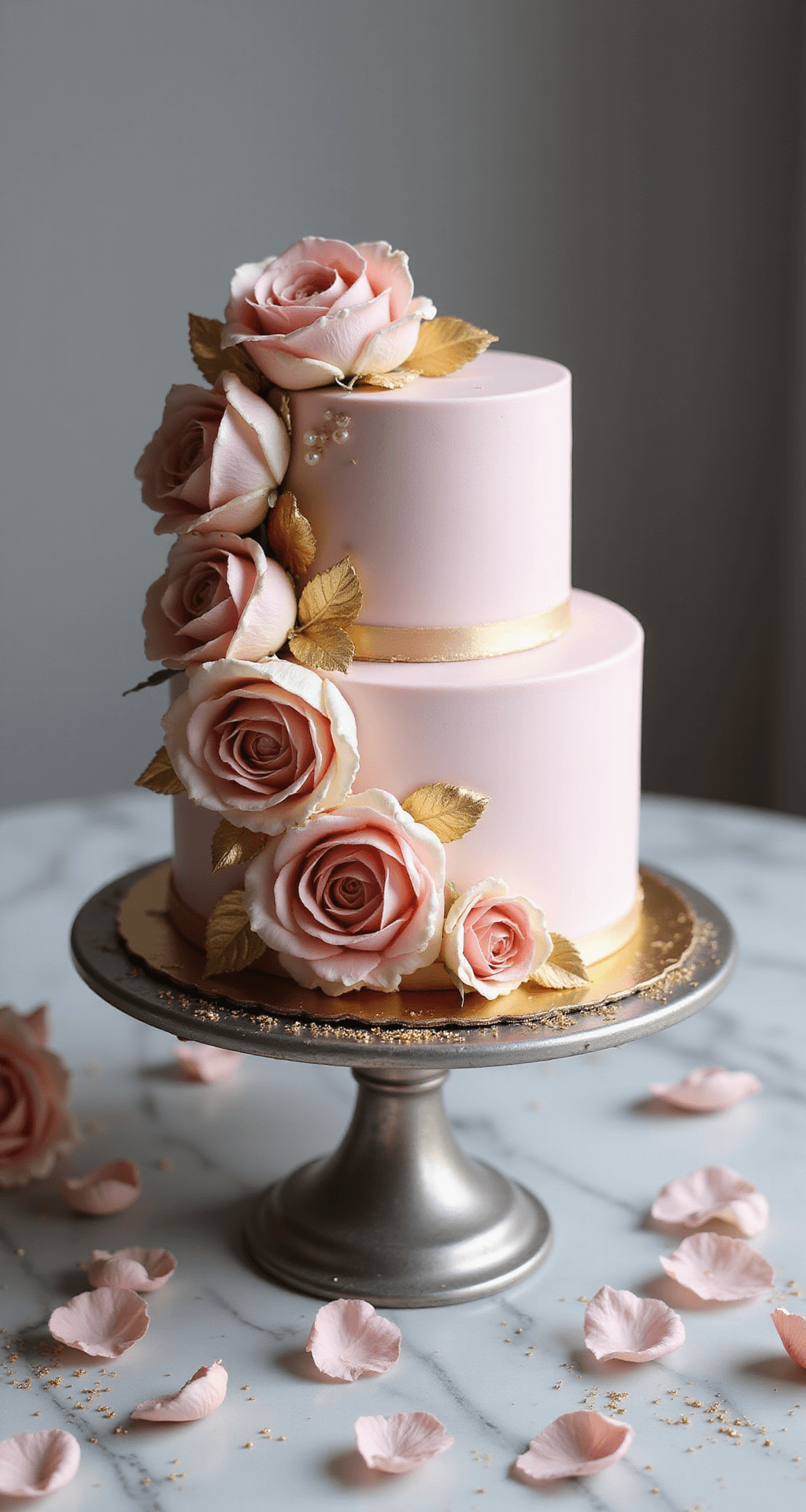Ultimate Birthday Cake for Women: A Showstopping Celebration Masterpiece A beautifully decorated two-tier birthday cake with pastel pink buttercream, fresh garden roses, piped pearls, and gold leaf accents, displayed on a vintage silver cake stand with rose petals and gold sprinkles on a marble surface.