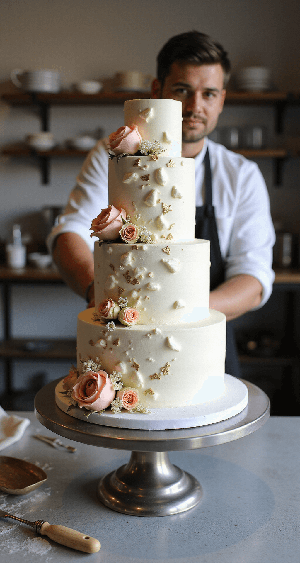 DREAM WEDDING CAKE: THE ULTIMATE CULINARY MASTERPIECE A master baker decorates an elegant 4-tier wedding cake with pearl white buttercream, gold leaf accents, and blush garden roses in a well-lit pastry kitchen.