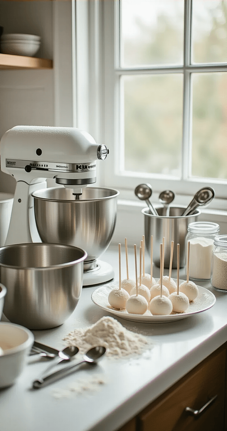 WEDDING CAKE POPS: THE ULTIMATE GOURMET PARTY FAVOR Close-up of a pristine white kitchen countertop featuring a professional cake pop preparation setup, including a stand mixer, metal mixing bowls, and neatly arranged measured ingredients in glass containers, illuminated by soft natural light.