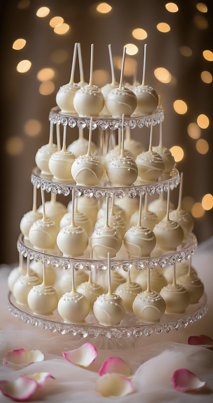 WEDDING CAKE POPS: THE ULTIMATE GOURMET PARTY FAVOR Dramatic overhead view of a luxurious tiered crystal display stand filled with elegant wedding cake pops, featuring white chocolate coating and pearl shimmer, arranged in a spiral pattern, complemented by soft bokeh fairy lights, rose gold and white color scheme, scattered rose petals, and tulle fabric.