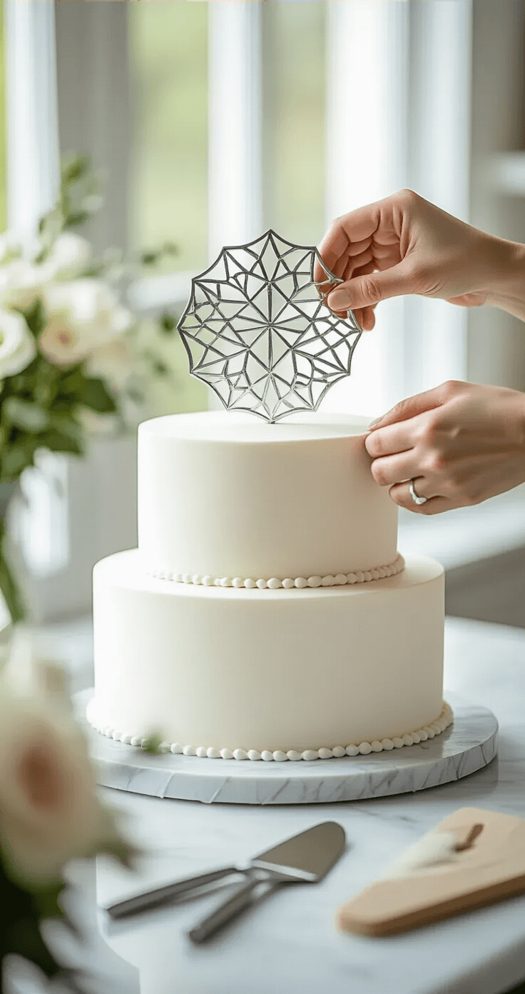 Wedding Cake Toppers: Personalize Your Sweet Moment Close-up of hands placing a silver geometric cake topper on a white three-tiered wedding cake, with soft natural lighting, precision tools on a marble countertop, and a blurred luxurious bakery background.