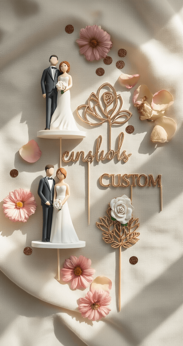 Wedding Cake Toppers: Personalize Your Sweet Moment Artistic flat-lay of diverse wedding cake toppers on ivory linen, including a 3D-printed couple, laser-cut rose gold monograms, and a whimsical illustration, with dramatic side lighting, fresh flower petals, and metallic confetti.