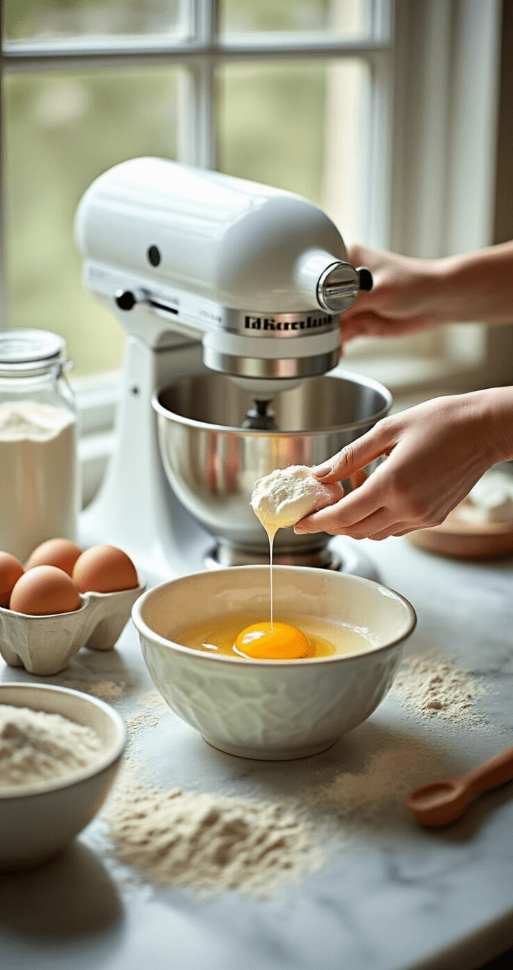 HEART-SHAPED BIRTHDAY CAKE: A SWEET CELEBRATION OF LOVE Close-up of a marble countertop with ingredients arranged for baking, featuring a blurred stand mixer, hands cracking a farm-fresh egg into a vintage bowl, flour and sugar containers, and professional baking tools, all illuminated by natural window light.