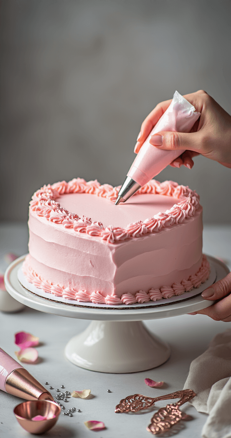 HEART-SHAPED BIRTHDAY CAKE: A SWEET CELEBRATION OF LOVE Overhead view of a heart-shaped cake decorated with soft pink buttercream and intricate vintage-style borders, with rose petals and silver dragées scattered around, illuminated by dramatic side lighting.