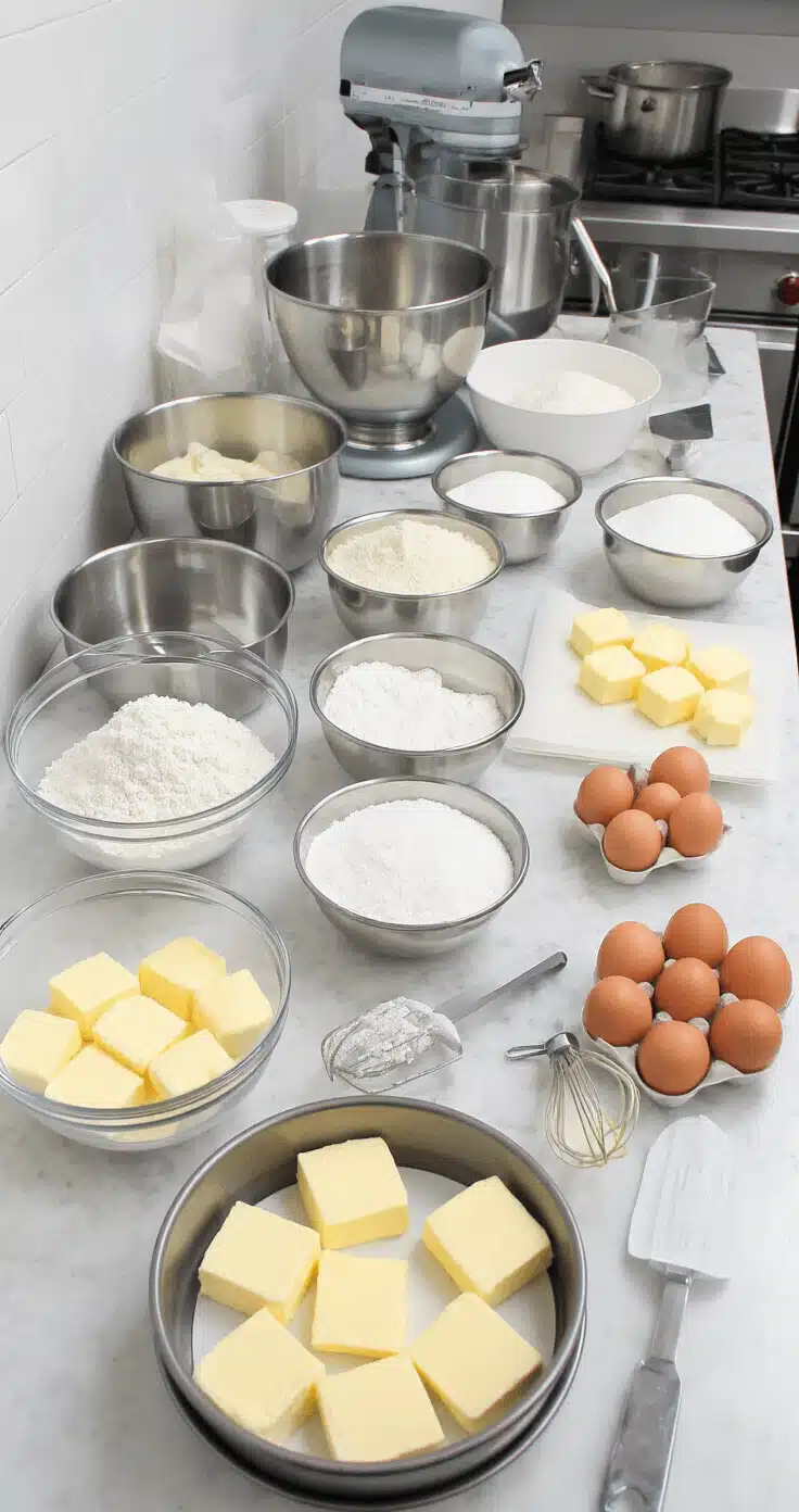 CLASSIC WEDDING CAKE: THE ULTIMATE SHOWSTOPPER GUIDE A bright professional kitchen features organized ingredients for a wedding cake, including bowls of sifted flour and measured sugar, room-temperature eggs and butter on a marble countertop, stainless steel mixing bowls, a stand mixer, and neatly arranged cake pans with parchment paper and an offset spatula.