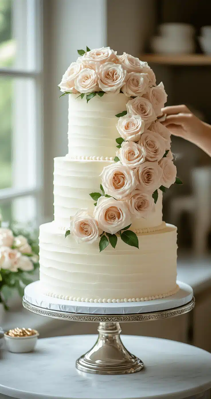 CLASSIC WEDDING CAKE: THE ULTIMATE SHOWSTOPPER GUIDE A three-tiered white wedding cake with smooth buttercream, piped details, and blush pink roses being assembled on a silver stand in an upscale bakery.