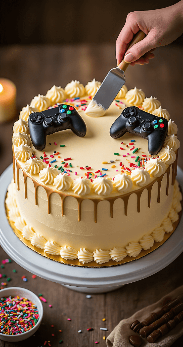 The Ultimate Birthday Cake for Your Boyfriend: A Deliciously Personal Celebration Overhead view of a golden cake on a rotating stand being decorated with white buttercream, fondant gaming controllers, colorful sprinkles, and chocolate curls, illuminated by warm ambient lighting.