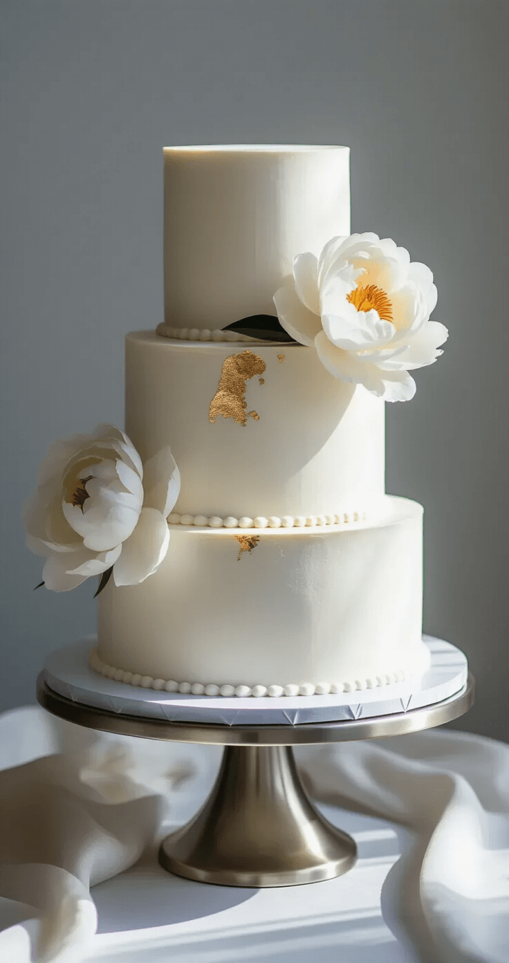MINIMALIST WEDDING CAKE: ELEGANT SIMPLICITY FOR YOUR SPECIAL DAY A three-tiered white wedding cake with a smooth buttercream finish, adorned with a cascading white peony and gold leaf, displayed on a metallic stand against a grey backdrop, illuminated by spotlighting.