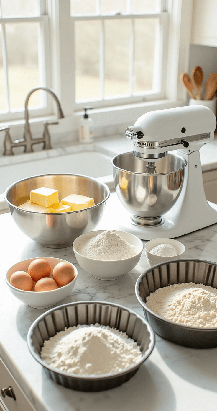 The Ultimate 18th Birthday Cake: A Milestone Masterpiece A sunlit kitchen counter with neatly arranged baking ingredients, including metal mixing bowls with butter, eggs, and flour, an electric mixer, and lined cake pans on a marble countertop.