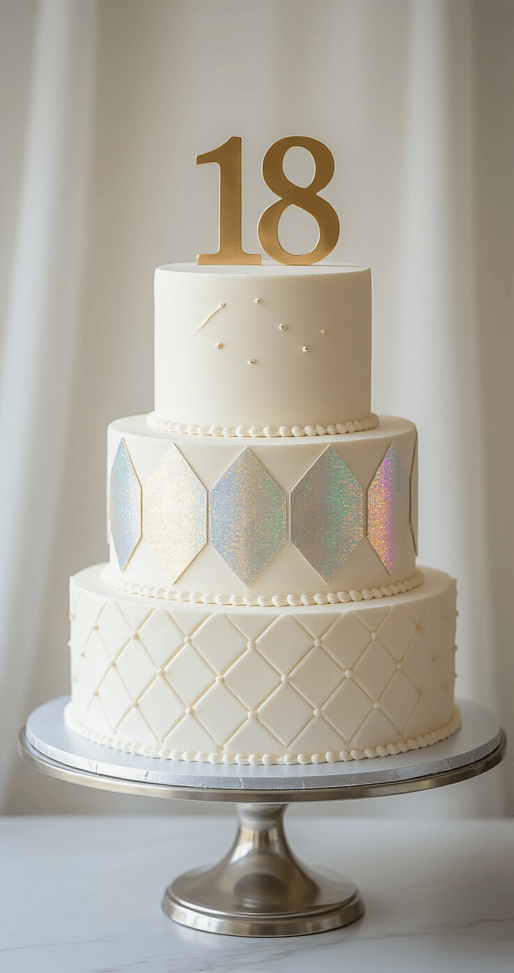 The Ultimate 18th Birthday Cake: A Milestone Masterpiece A three-tiered 18th birthday cake in white buttercream with holographic accents, elegant geometric fondant patterns, and a metallic gold '18' topper, displayed on a silver cake stand against a blurred background.