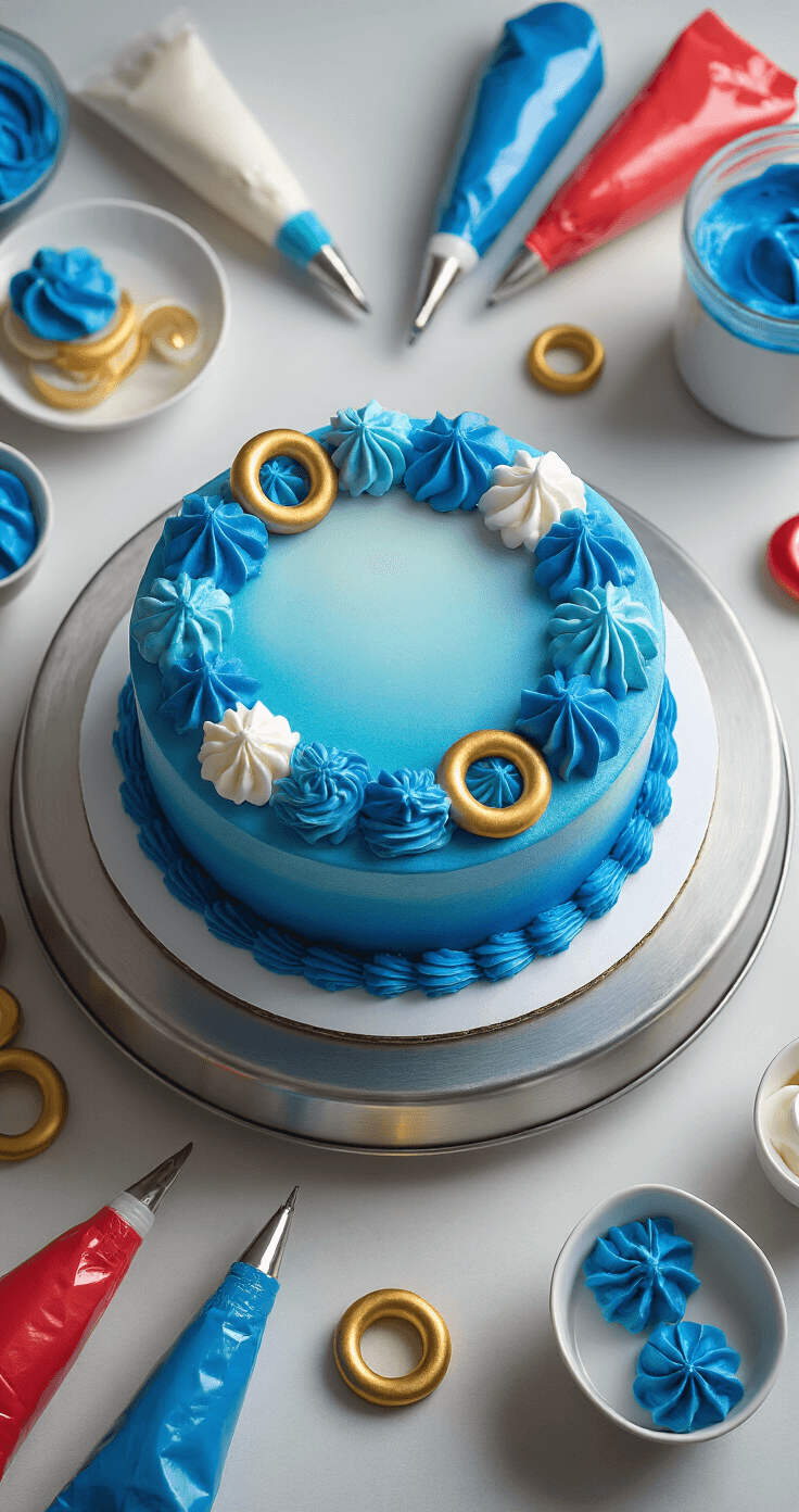Sonic Birthday Cake: The Ultimate Gamer's Celebration Dessert Overhead view of a cake decorating station with a vibrant blue ombré frosted cake on a metallic turntable, surrounded by Sonic character-themed fondant decorations, piping bags of blue buttercream, and golden rings, illuminated by soft studio lighting.