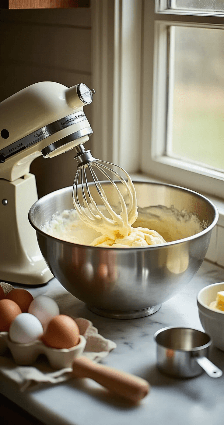 The Ultimate Birthday Cake Guide: Bake, Decorate, and Celebrate! Close-up of creamy cake batter being mixed in a stainless steel bowl, with a vintage mixer and fresh ingredients on a marble countertop, illuminated by soft natural light.