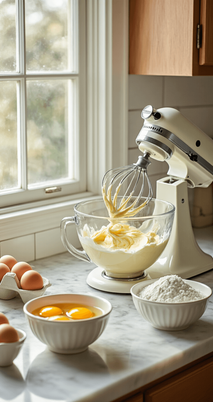 Stunning Flower Birthday Cake: A Masterpiece of Edible Art A bright kitchen scene with a stand mixer creaming butter and sugar on a marble countertop, surrounded by fresh eggs, vanilla extract, and measured flour in ceramic bowls.