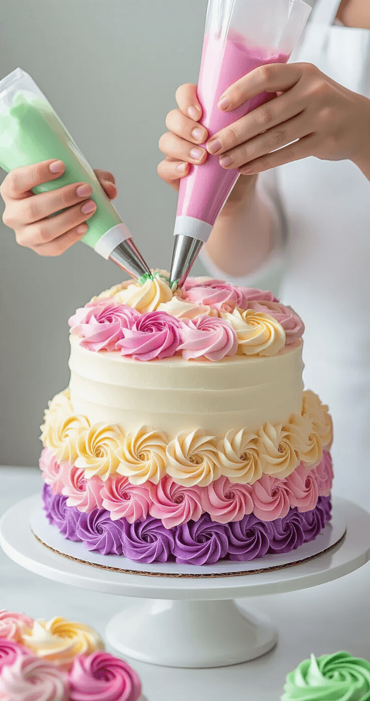 Stunning Flower Birthday Cake: A Masterpiece of Edible Art Close-up of skilled hands piping colorful buttercream flowers onto a white cake, with gradient-colored frosting bags on a turntable.