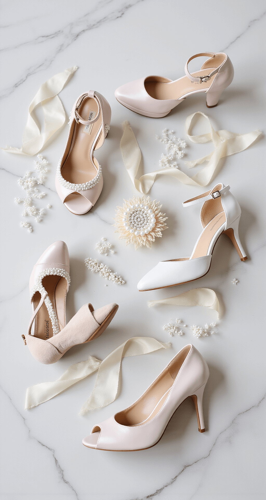 Wedding Heels: Your Ultimate Guide to Finding the Perfect Pair (Without the Stress!) A professional flat-lay of bridal shoes in various heel heights and styles, arranged on a white marble surface. The collection features padded insoles, ankle-strap designs, and platform soles in bridal shades, alongside scattered accessories like pearl hairpins, lace garters, and silk ribbons, all captured in soft, even mid-morning light.