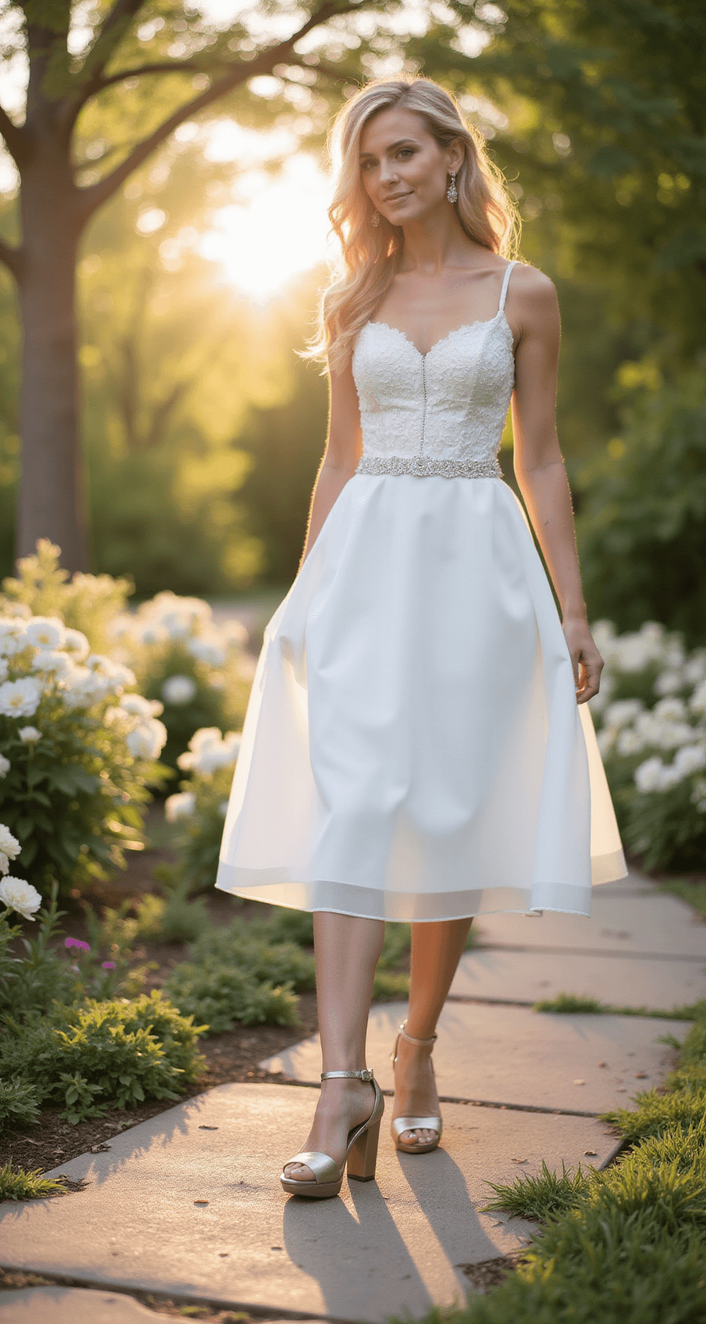 Wedding Heels: Your Ultimate Guide to Finding the Perfect Pair (Without the Stress!) Bride in champagne metallic Naturalizer block heels walking on a stone pathway in a romantic garden, surrounded by blooming flowers and bathed in late afternoon dappled sunlight, with a natural bokeh effect from the foliage.