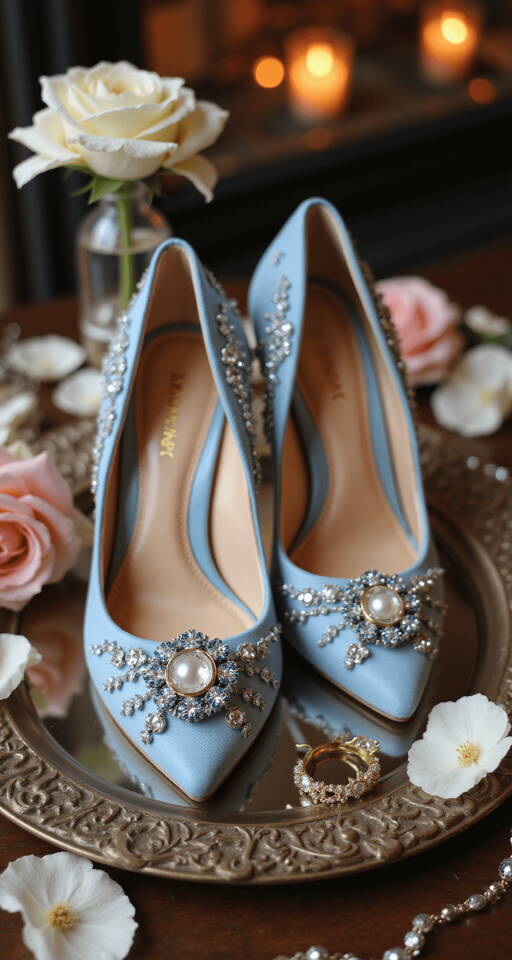 Wedding Heels: Your Ultimate Guide to Finding the Perfect Pair (Without the Stress!) Close-up of designer 'something blue' heels with sapphire crystal details and pearl accents on a mirrored surface, reflecting warm ambient light. Scattered rose petals, vintage perfume bottles, and delicate jewelry enhance the romantic atmosphere.