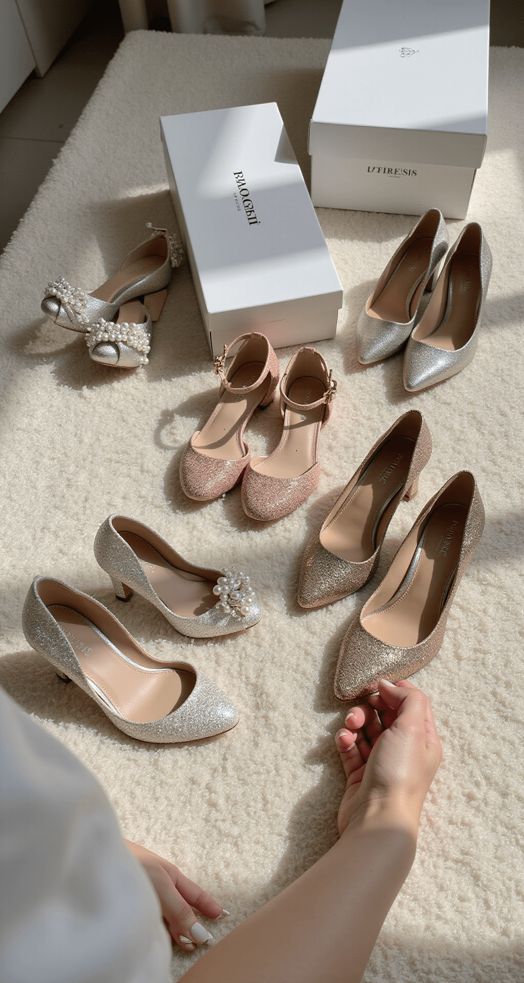 The Ultimate Guide to Wedding Shoes: Finding Your Perfect Pair Close-up of a curated collection of wedding shoes on a cream carpet, featuring pearl-adorned flats and metallic block heels, with a bride's hands exploring different textures. Designer shoe boxes are visible in the background, illuminated by soft morning light.