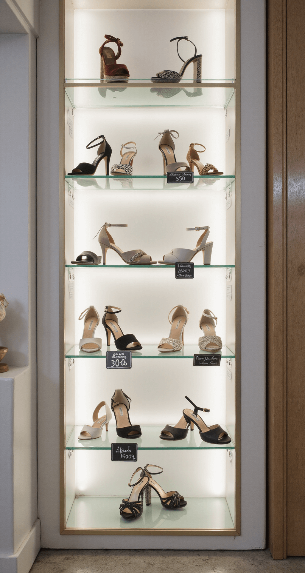 The Ultimate Guide to Wedding Shoes: Finding Your Perfect Pair Wide shot of a contemporary bridal salon showcasing illuminated glass shelves filled with various shoe styles, displaying price tags ranging from $50 to $1000+, emphasizing a mix of budget-friendly options and luxury designer brands in a clean, editorial photography style.