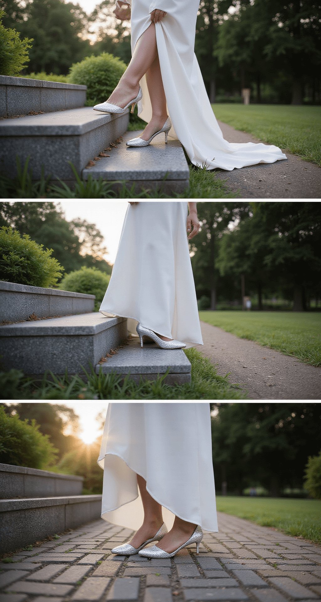 The Ultimate Guide to Wedding Shoes: Finding Your Perfect Pair A bride at dusk tests different heel heights on marble steps, grass, and cobblestones, showcasing her main wedding shoes and a backup pair, with natural and subtle artificial lighting accentuating the textures of the surfaces.