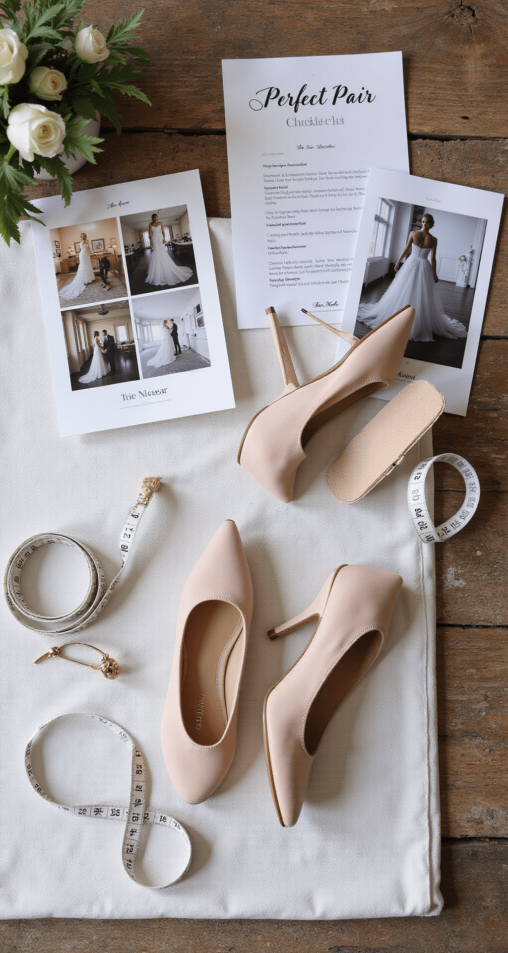 The Ultimate Guide to Wedding Shoes: Finding Your Perfect Pair Overhead view of a professional stylist's studio featuring industrial-chic decor, displaying a 'perfect pair checklist' with measuring tape, venue photos, dress fabric swatches, comfort insoles, and wedding shoes, all arranged neatly with studio lighting highlighting the organized details.