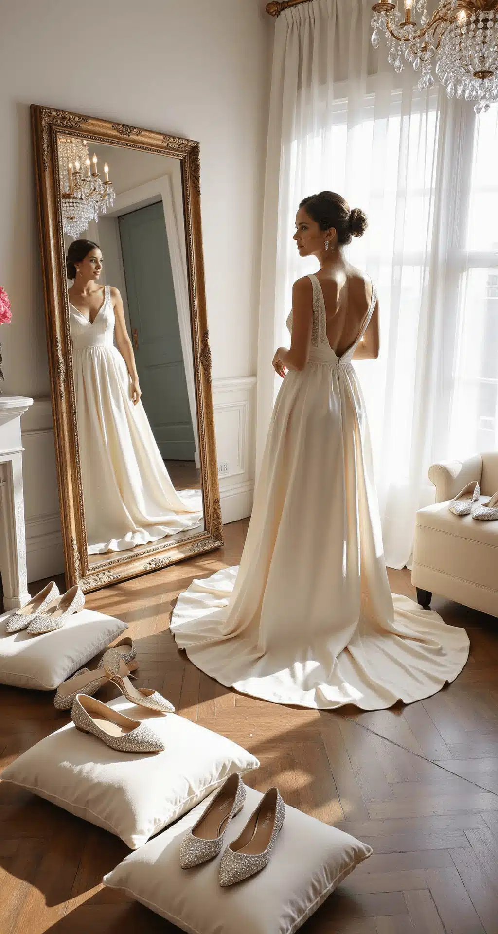 Wedding Flats: Your Ultimate Guide to Comfy & Stylish Bridal Footwear A bride in a flowing silk wedding gown admires her reflection in a full-length mirror while trying on pearl-embellished ivory satin flats in a sunlit bridal boutique with modern décor and soft blush accents.